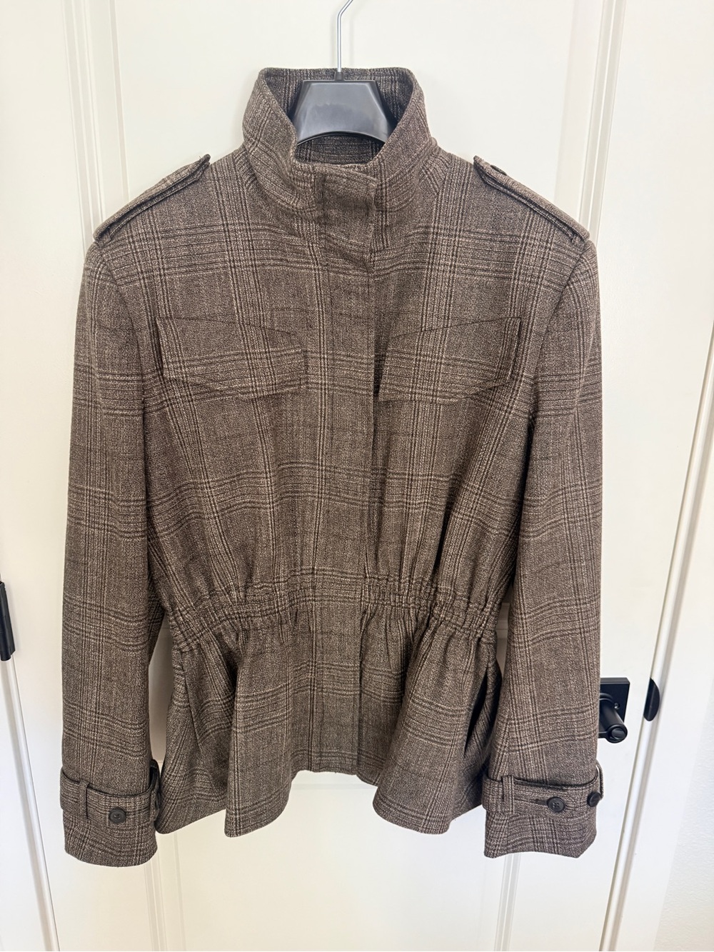 Zara Brown Plaid Stand-Collar fully lined Pea Coat